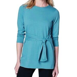 J Jill Ponte Tie Waist 3/4 Sleeve Top Womens Small Teal Blue Viscose Blend Chic
